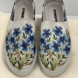 STREETFLY Womens' Faux Leather Morning Glory Flower Print Slip On Sneaker Sz 7.5